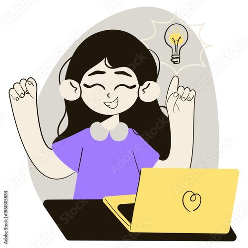 Young woman sitting at laptop with light bulb idea symbol above her. Flat vector illustration of creativity, inspiration, distance learning, and startup brainstorming concept.
