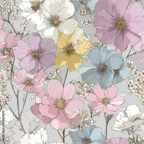 Delicate pastel garden floral pattern with soft pink, blue, yellow, and white flowers on light background, creating gentle and elegant springtime atmosphere