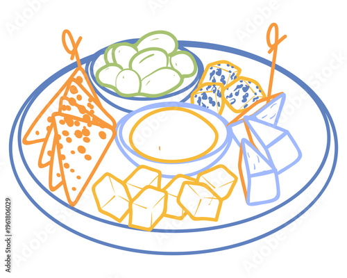 Cheese platter with various gourmet cheeses, olives, crackers and honey dipping sauce. Hand drawn vector line art illustration of snacks and appetizers for wine tasting or party.