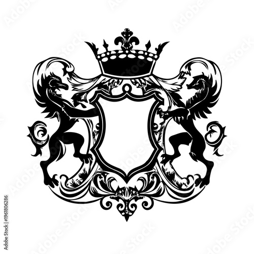 Heraldic shield with griffins and crown, vintage royal emblem