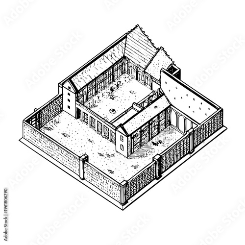 Isometric illustration of a medieval monastery courtyard with cloisters