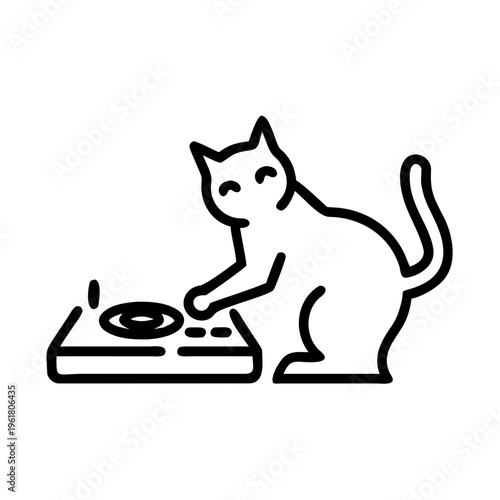 Cute cat dj playing music on a turntable vector icon