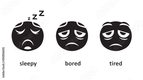 Emoticon faces feeling sleepy, bored, and tired on white background for emotion and fatigue concepts