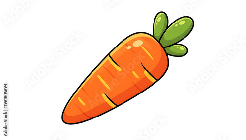 Cartoon style orange carrot illustration with green leaves on white background