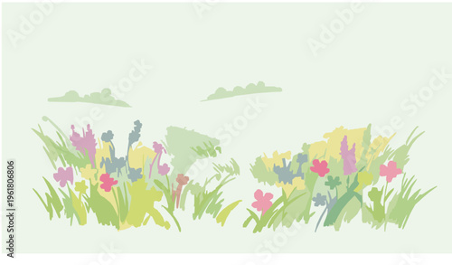 Spring Meadow Watercolor Wildflowers Rolling Hills Landscape Vector Illustration