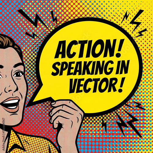 A person holding a physical cutout of a comic speech bubble next to their face as if they are speaking in vector copy