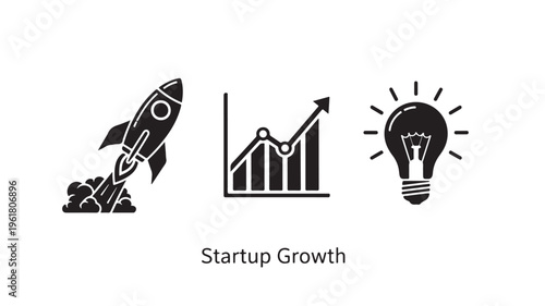 Startup Growth Icons Set With Rocket Graph And Lightbulb On White Background For Business Concepts