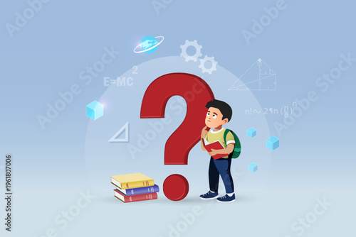 Question mark sign with kid holding book in thinking manner. Education concept. Vector.