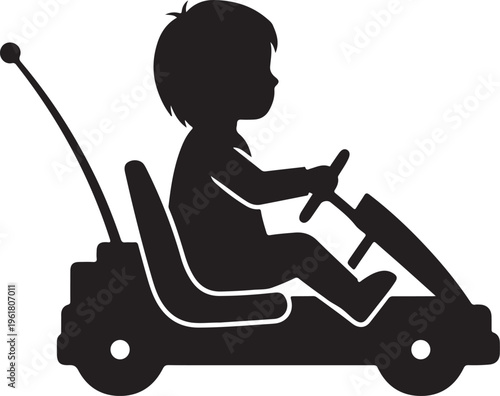 Black silhouette child driving toy car, kid on go-kart, vector illustration, fun transportation
