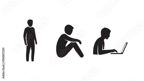 Silhouette of people in various poses on white background for technology and communication concepts