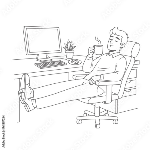 A relaxed office worker enjoys a coffee break, leaning back in their chair with eyes closed and feet up on the desk, embodying a moment of peace and tranquility amid work