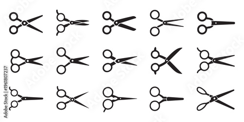 Black silhouette scissor icons variety pack including diverse handle shapes and blade angles for crafts work