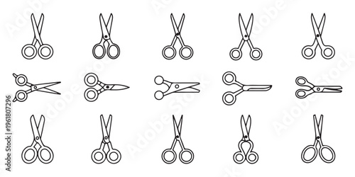 Professional hair salon scissor icons collection with thin line design for barbershop and beauty parlor use