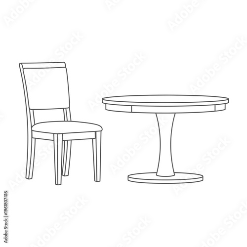 A minimalist line drawing featuring a classic wooden dining chair positioned next to a round pedestal table, ideal for interior design and furniture concepts
