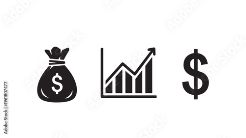 Financial icons including money bag, growing graph chart, and dollar sign on white background for business and finance concepts