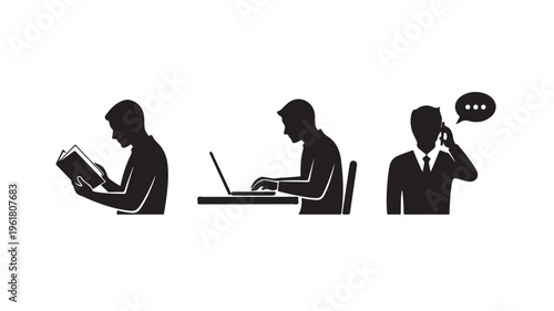 Silhouettes of businessmen working on laptop computer reading book and talking on phone for corporate concepts