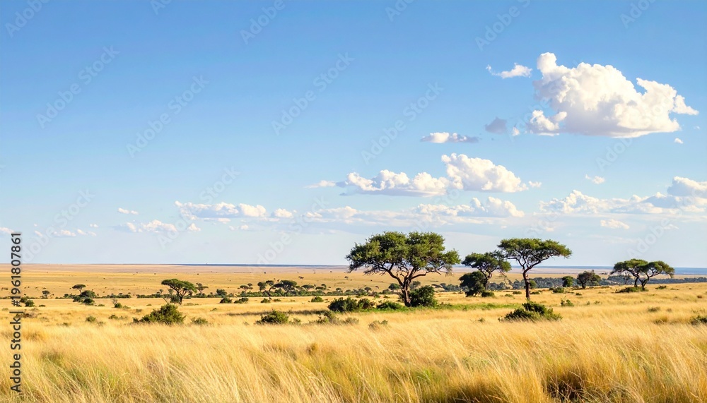 Fototapeta premium Serene African savanna landscape with golden grass and scattered acacia trees under blue sky