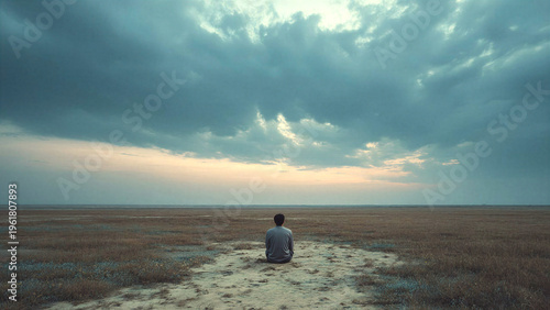 Lonely man sitting on a path in an empty landscape under a vast cloudy sky facing the horizon. Concept of existential crisis, isolation, uncertainty and searching for purpose in life direction.