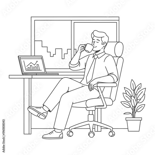 Smiling Professional Man Unwinding with a Warm Drink During a Productive Workday in His Contemporary Workspace