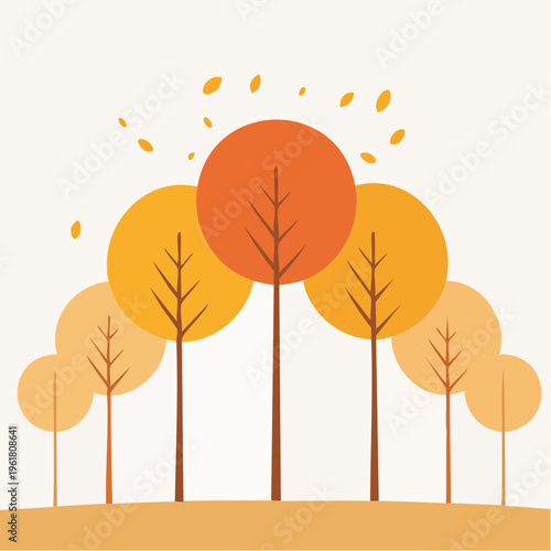 Vibrant autumnal landscape illustration featuring stylized trees with colorful falling leaves, capturing the serene beauty of the fall season