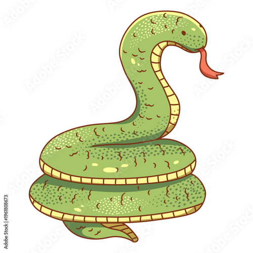 green snake cartoon character coiled up with its tongue out