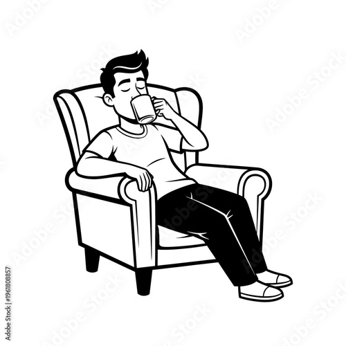 Man Sitting in Armchair Enjoying a Hot Beverage While Relaxing at Home