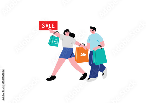 ショッピングを楽しむカップルのイラスト
