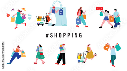 買い物を楽しむ人々のイラストセット