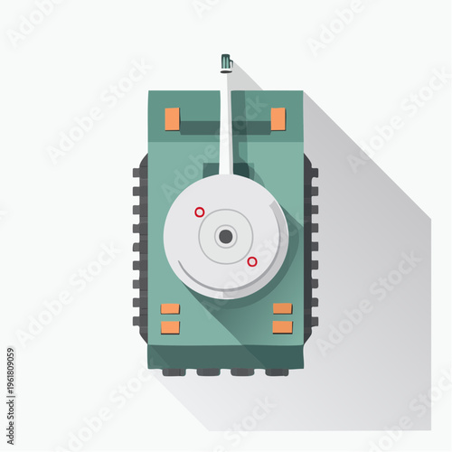 Flat design illustration of a military tank from a top-down perspective