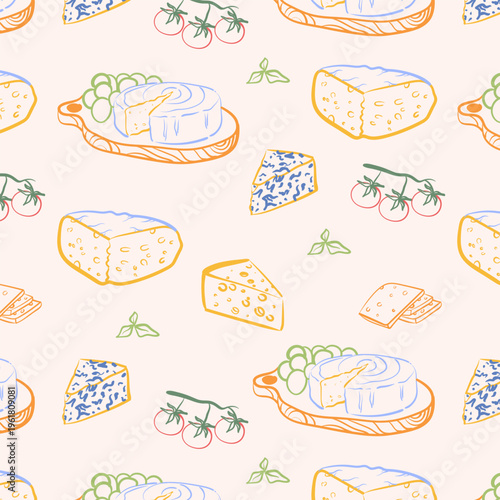 Hand drawn cheese seamless pattern with various types of cheese, charcuterie boards, grapes and tomatoes. Colorful ink line pattern.