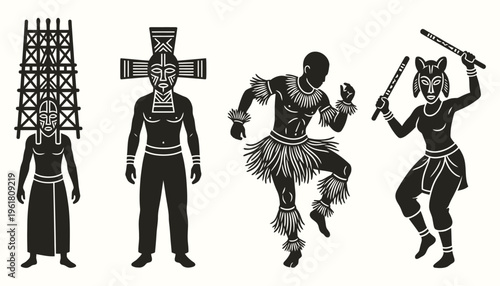 African tribal dancers silhouettes with traditional ceremonial masks and attire