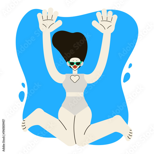 Young woman in swimsuit and sunglasses jumping and having fun in blue water. Flat vector illustration of summer vacation, swimming pool party, freedom and active lifestyle concept.
