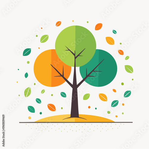 Vibrant Tree Illustration Symbolizing Growth, Nature, and Seasons with Falling Leaves