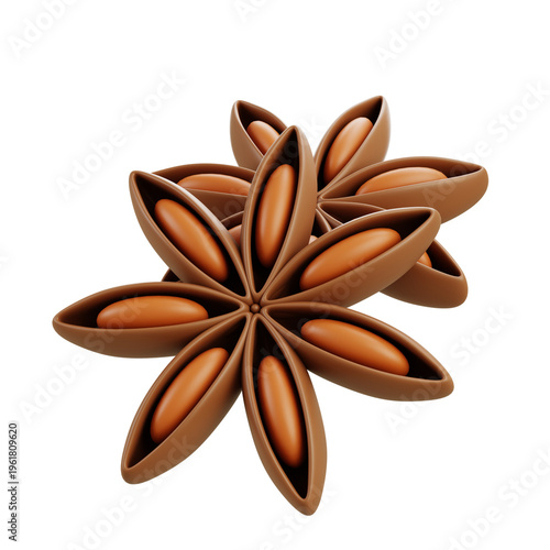 Detailed star anise spice top view, representing aromatic ingredient, traditional cooking, and natural flavor enhancer in clean modern 3d illustration style.
