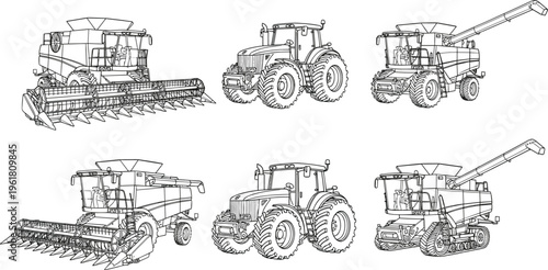 Detailed line drawings of agricultural machinery including combine harvesters, tractors, and grain unloading equipment for farming, agriculture, machinery design, and industry illustration reference