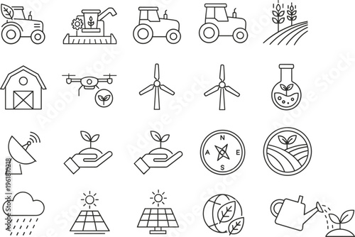 Tractor illustration set featuring realistic line drawing, black silhouette icon, and circular front view design for agriculture, farming, machinery, transport, and industry reference