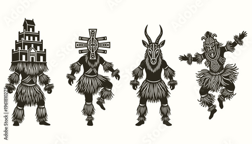 Tribal Shaman Dancers in Traditional Ceremonial Costumes Vector Illustration
