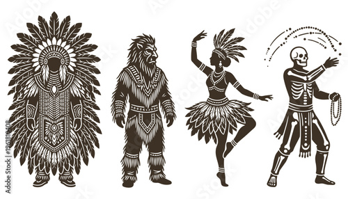 Indigenous cultural performers in ceremonial costumes vector art