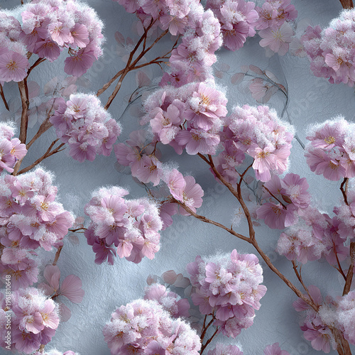 Dusty pink flowers covered in snow create seamless pattern with delicate petals and soft branches, evoking serene and gentle winter atmosphere