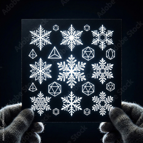 A person’s hands holding a dark card against the light, revealing a set of intricate white isolated snowflake vectors