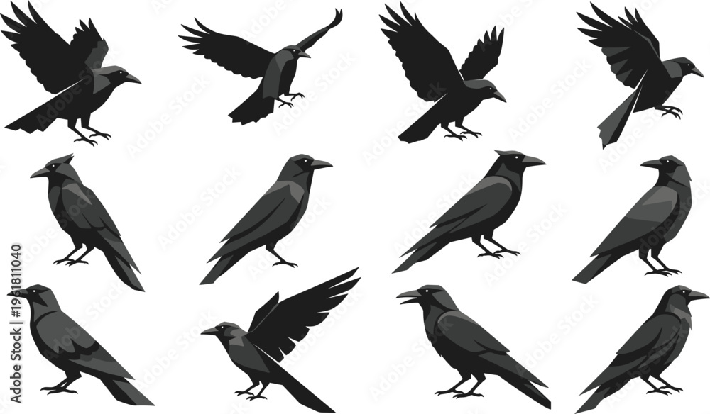 Fototapeta premium Crow and Raven Icon Set Featuring Flying and Perched Bird Silhouettes for Wildlife, Nature, and Gothic Design Projects