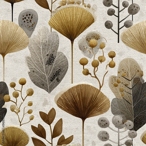 Earthy botanical pattern with neutral tones and modern design featuring various leaves and seed pods on textured background, creating calm and natural home decor style