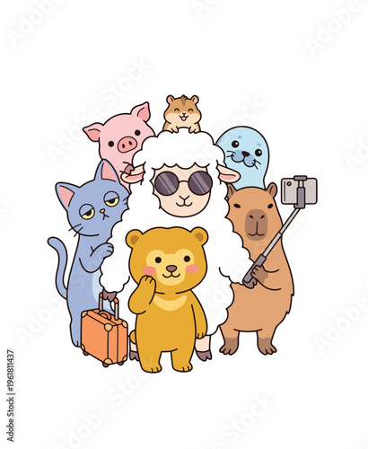 Cute cartoon animals taking a group selfie with a sheep wearing sunglasses and a capybara holding the phone on a selfie stick.