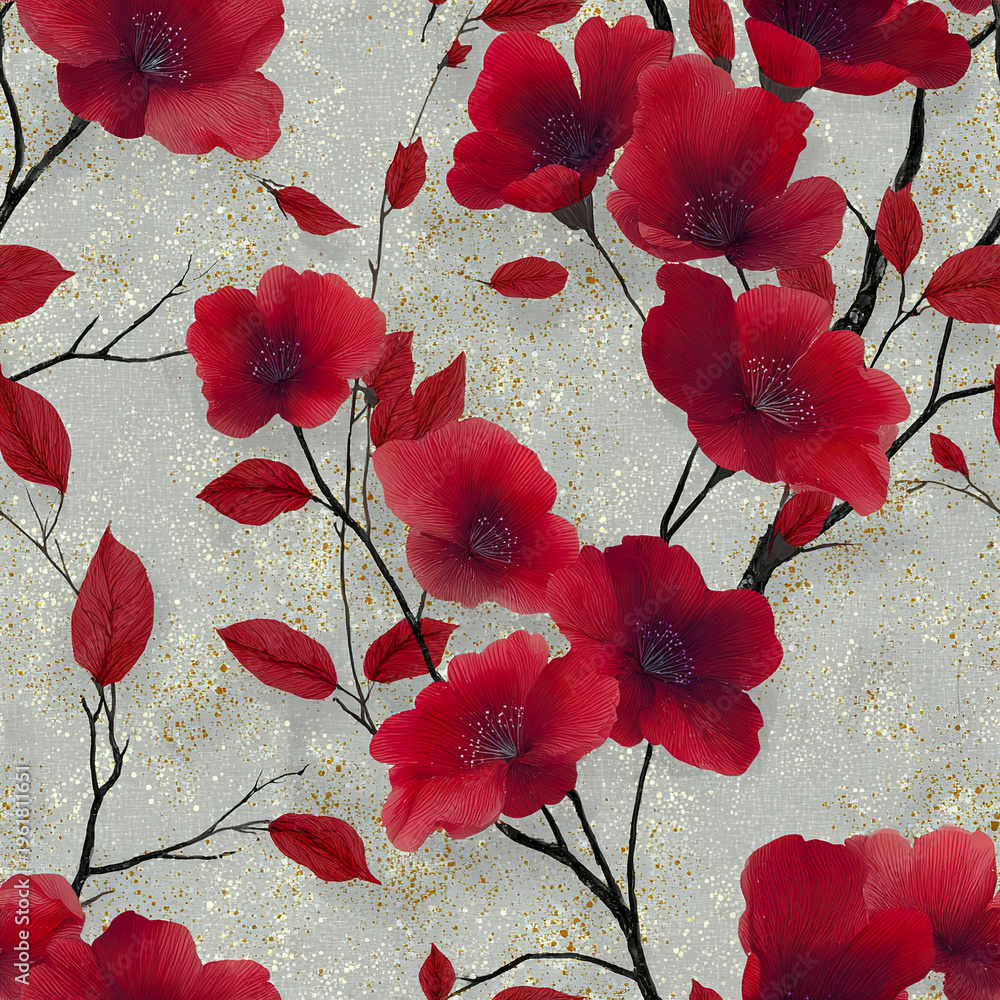 Fototapeta premium Elegant red flower pattern with crimson petals and delicate black branches on textured gray background with gold speckles, creating luxurious and festive atmosphere