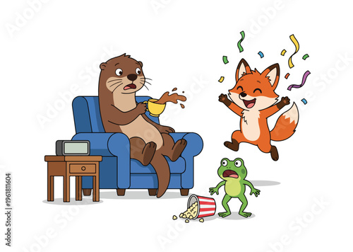 Playful Cartoon Otter and Fox Characters in Living Room Scene with Frog