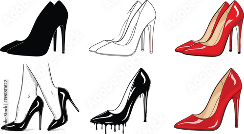 High Heel Shoe Icon Set Featuring Elegant Stiletto Pumps in Black, White, and Red for Fashion and Glamour Design Projects
