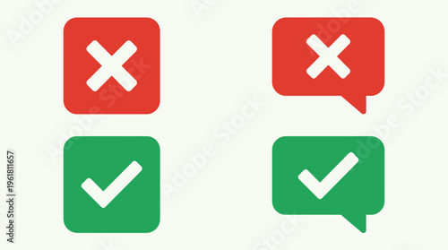 Four distinct icons illustrating approval, rejection, success, and error states using red crosses and green checkmarks in both square and speech bubble formats.