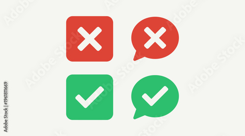 Red X mark and green checkmark icons in square and speech bubble shapes, representing correct, incorrect, accept, and deny options.