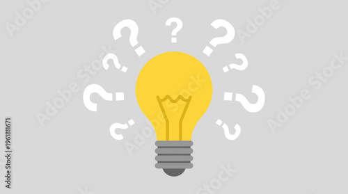 Bright yellow light bulb surrounded by white question marks on a grey background, symbolizing ideas and problem-solving.
