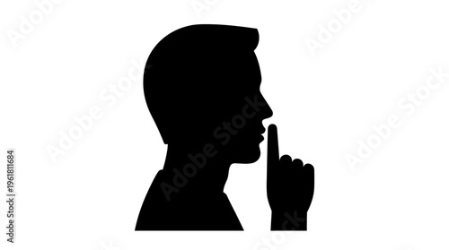 Black silhouette of a person's head in profile with a finger on lips, symbolizing silence or a request to be quiet.